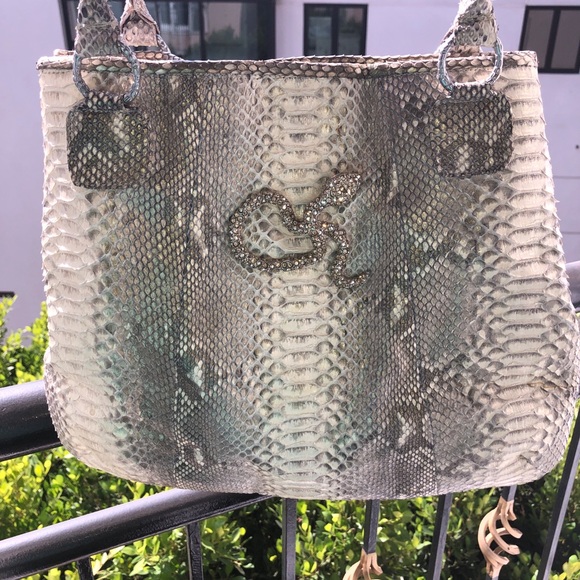 CLARA KASAVINA GOLD GREY GONZALEZ PYTHON SATCHEL BAG - Picture 3 of 13